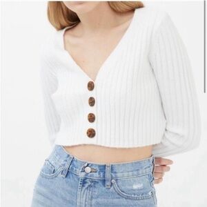 Urban Outfitters White Ribbed Cardigan with Brown Buttons